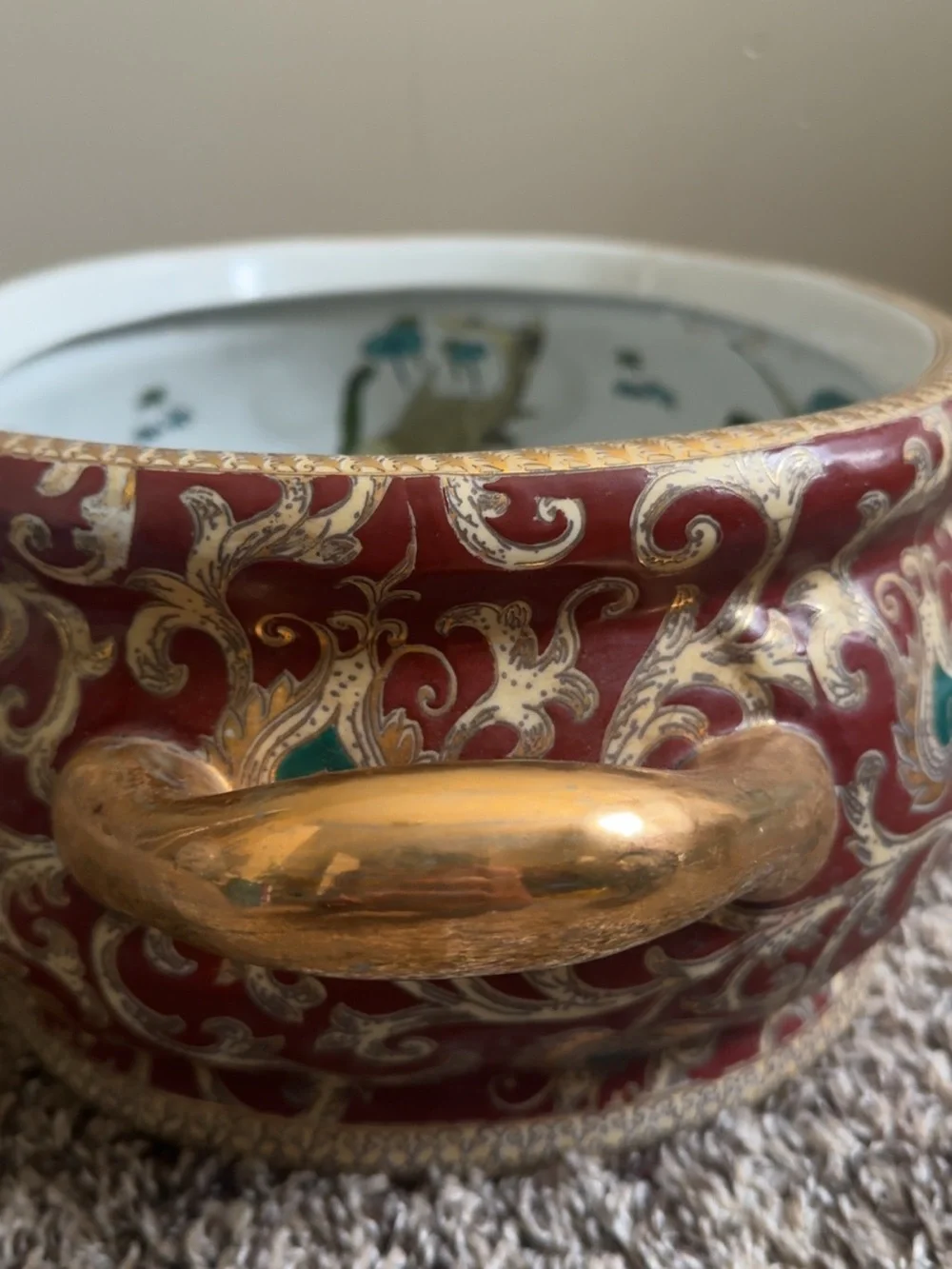 Chinoiserie Porcelain Koi Fish Bowl Cachepot Red Gold Gilt Handles